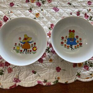 Vintage ~ 2 WHITE CHINA CEREAL BOWLS * 2 Little Girls (1 blonde ~ 1 w/ sunhat)